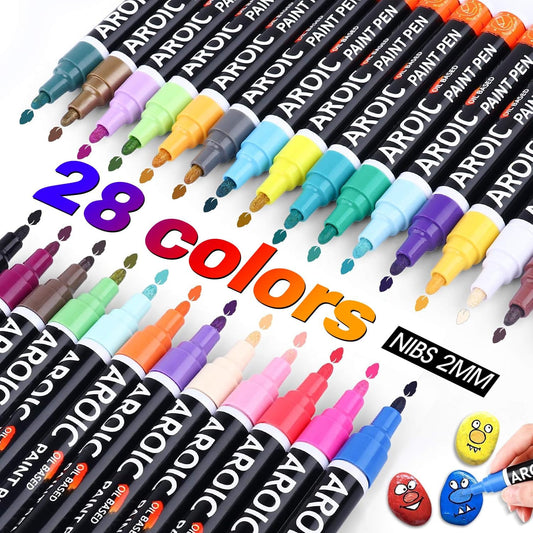 AROIC Paint Markers, 28 Colors Oil-Based Waterproof Paint Marker Pen Set.Quick Dry and Permanent Painting Markers Set for Rock, Wood, Metal, Plastic, Glass, Canvas, Ceramic & More! Safe and odorless.