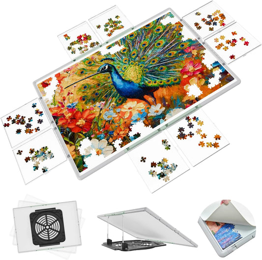 2000 Pieces Puzzle Board 3-in-1 Double-Sided & Rotating & Tilting, Plastic Puzzle Table with Sorting Boxes and PVC Cover, Portable Lazy Susan Jigsaw Puzzle Board for Adults, Gray Green