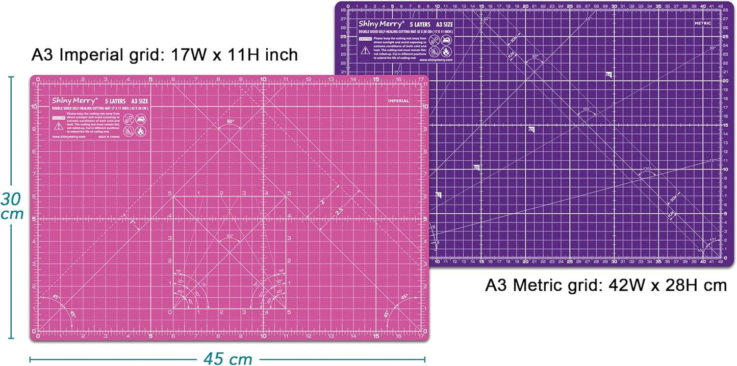 Self Healing Cutting Mat A3 12"x18" – Double Sided 5-Ply Craft Mat for Sewing, Quilting, Fabric, Scrapbooking – Pink/Purple