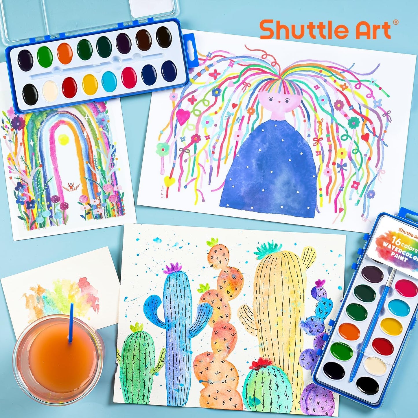 Shuttle Art 16 Colors Watercolor Paint Set Bulk, Pack of 24, Watercolor Paint Set with Paint Brushes for Kids and Adults, Washable Paint for Classroom, Parties, Kindergarten and Art Activities