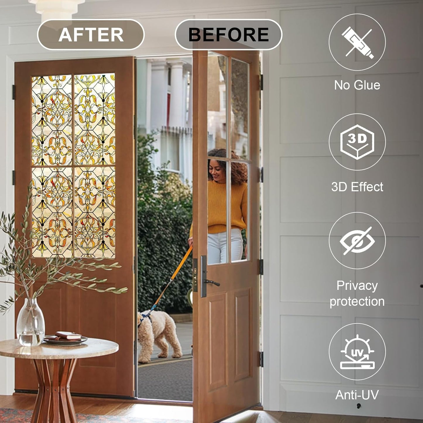 3D Stained Glass Window Privacy Film, Heat Control UV Blocking Static Cling Decorative Window Film for Bathroom,Front Door,Home Non Adhesive,GiltGaze 16.9 x 39.3 inches