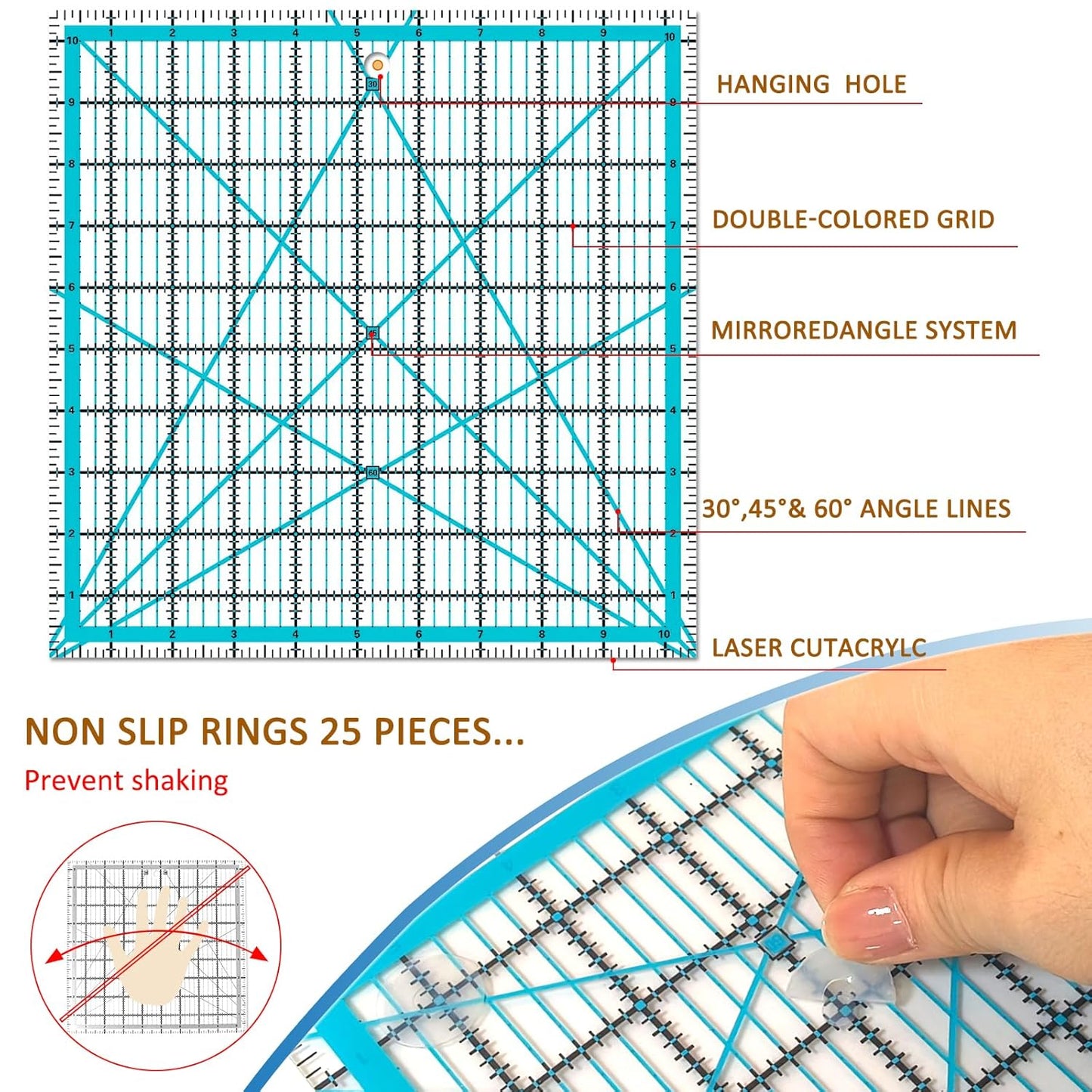 Quilting Rulers, Sewing Rulers, 4 Piece Quilting Square Templates, Acrylic Rulers with Non-Slip Rings for Sewing (3.5"X3.5", 5"X5", 6.5"X6.5", 10.5"X10.5") (Blue)