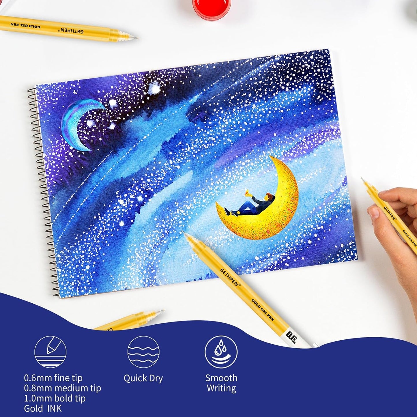 Gold Gel Pens 3-Pack - 0.6/0.8/1.0mm Fine to Bold Tips for Black Paper, Bullet Journaling & Holiday Crafts - Metallic Ink Set for Artists, Card Making & DIY Gifts