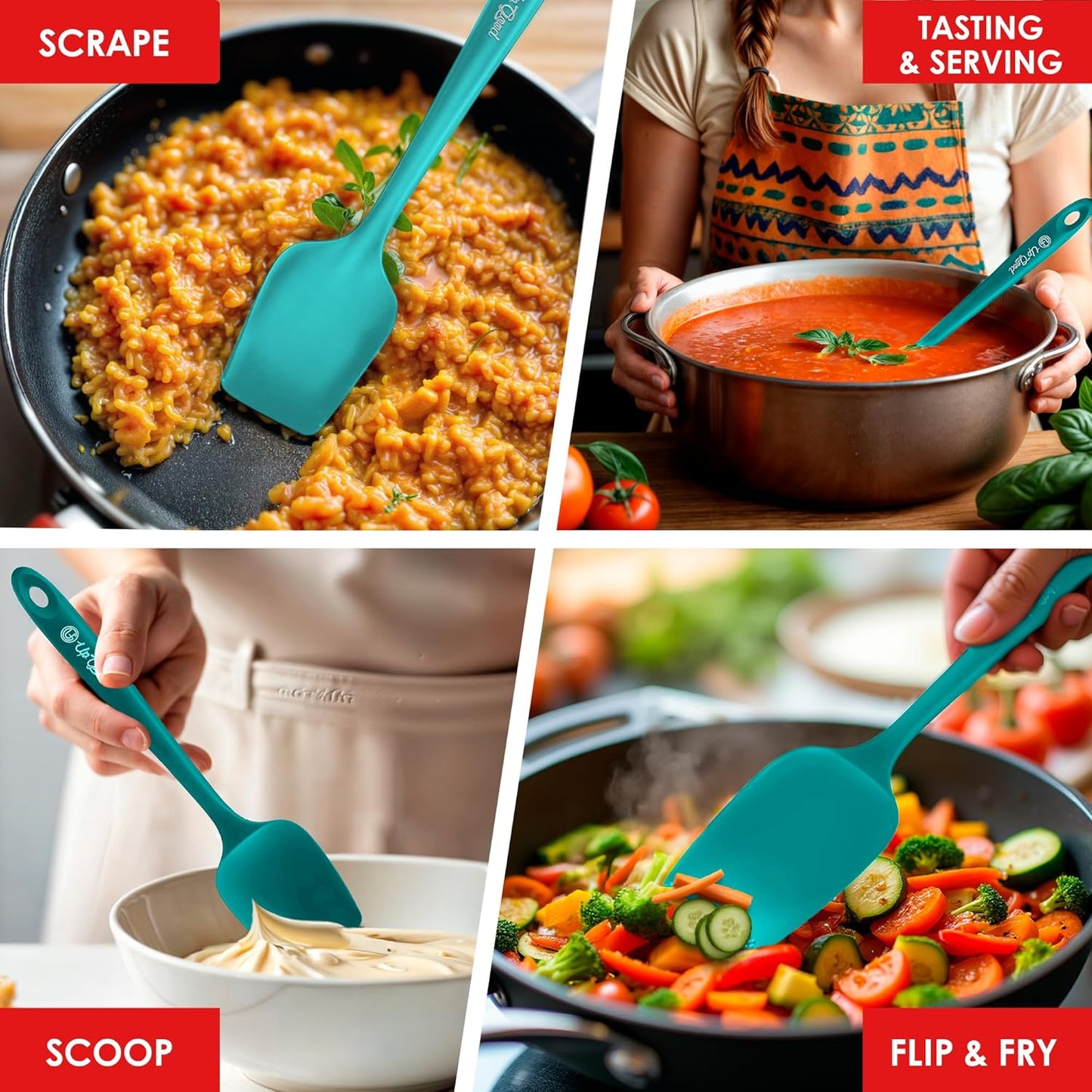 Silicone Spoon Spatula - 600ºF Heat-Resistant Non-Stick Rubber Spoonula | Use as Silicone Kitchen Scraper Utensil - Baking and Cooking Strong Stainless Steel Core | UpGood Kitchen Utensils, (Teal)