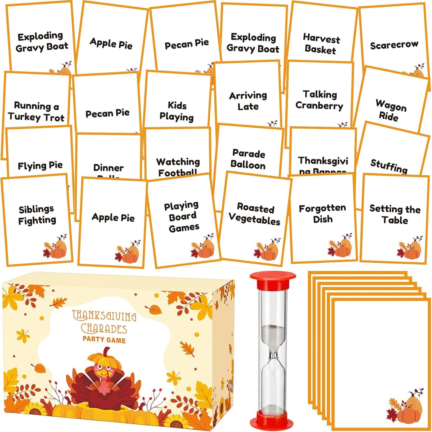 Yexiya Thanksgiving Charades Game for Family Party - 310 Cards with 1 Min Sand Timer & Blank Cards Turkey Day Family Game for Adults Groups