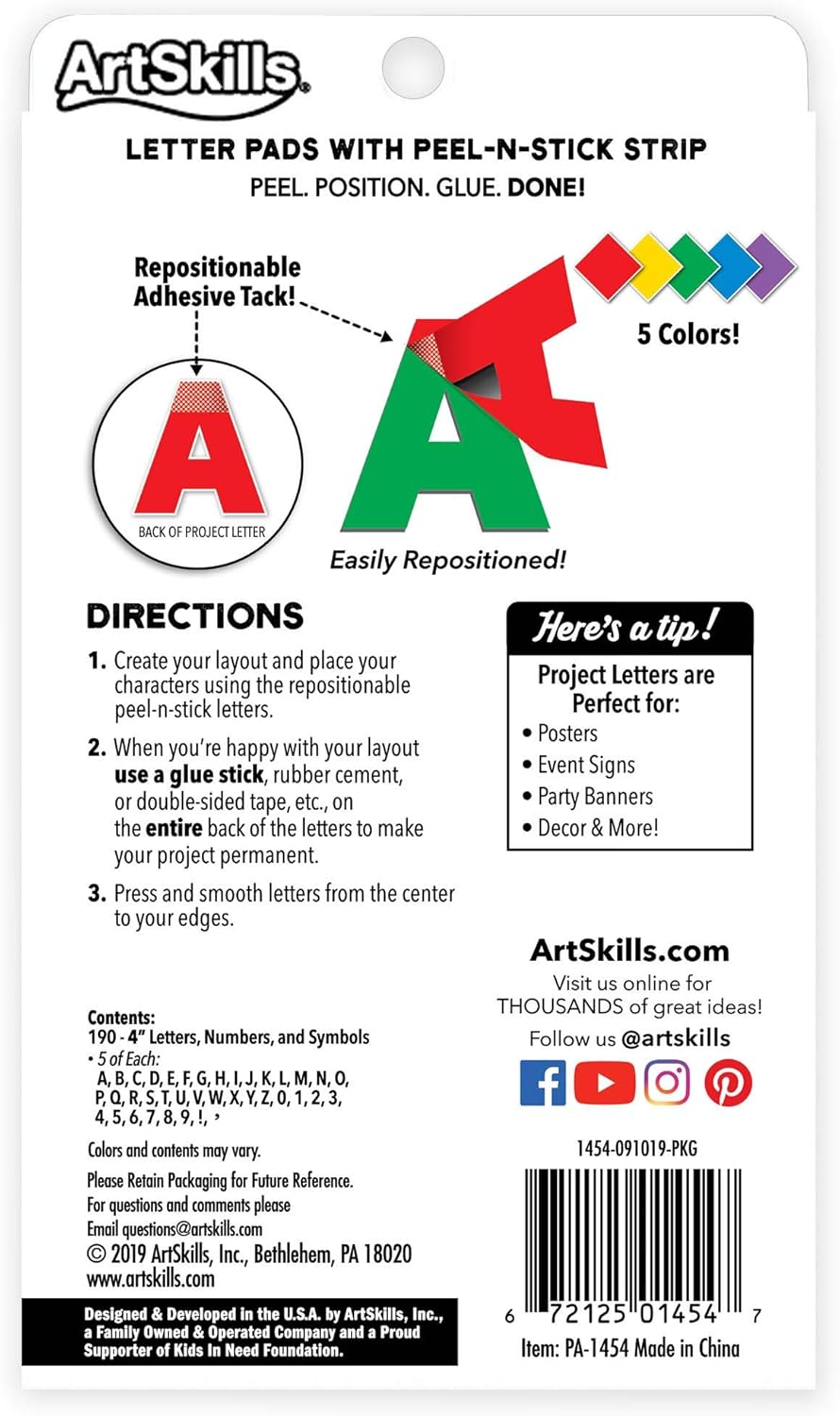 ArtSkills Poster Letters 4” Paper Letters for Poster Board Projects, Classroom Bulletin Boards, Sign Making Supplies,Classic Primary, 190 Pieces (Pack of 6)