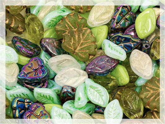 1.4oz (40g) Summer Mix of Small Czech Glass Leaf Beads, Hand Made Set Kit, Leaves 01