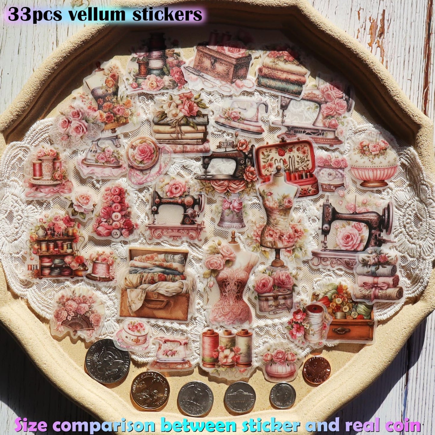 Vintage Vellum Stickers Floral Plants Elements Scrapbooking Supplies Flowers Botanic Natural Translucent Paper Self-Adhesive Junk-Journal Items (Sewing Rose)