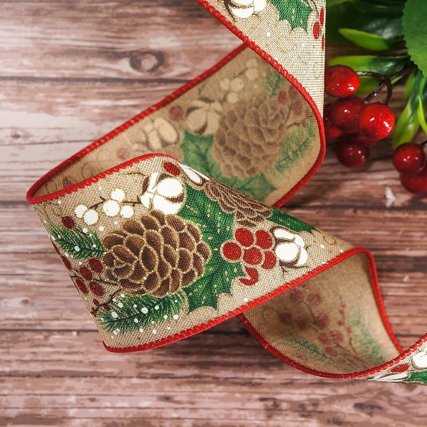 CT CRAFT LLC Tan Faux Jute Burlap with Pinecones Wired Ribbon 2.5 Inch x 10 Yards for Christmas Home Decor Tree Topper Bow Gift Wrapping DIY Crafts Wreath Garland