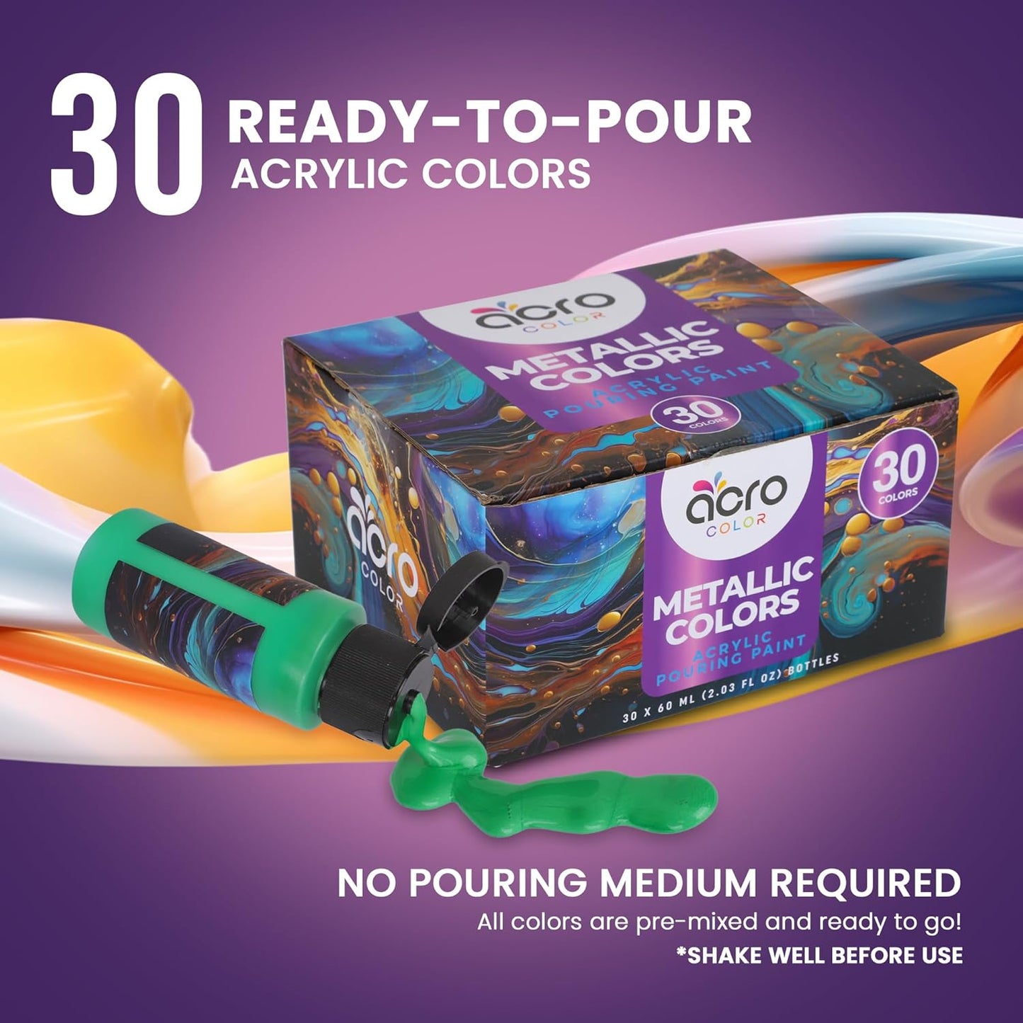 Acrylic Pouring Paint Set | 30 Vibrant Colors Including An Array Of Metallic, Neon & Pastel Paints | Pre Mixed, Ready to Use, High Flow Paint For Canvas, Paper, and More | 2 Ounces Per bottle