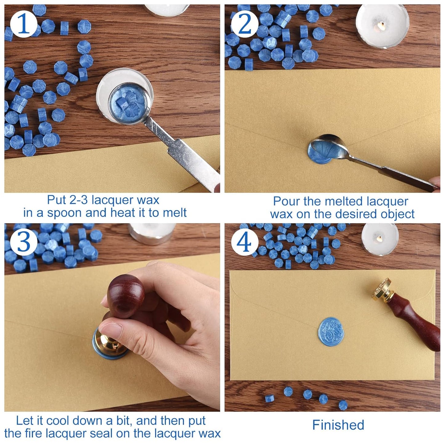 500 Pcs Sky Blue Octagon Wax Seal Beads Kit with 4 Pcs Tea Candles 1 Pc Melting Spoon for DIY Crafts Letters Wedding Wine Bottle Sealing