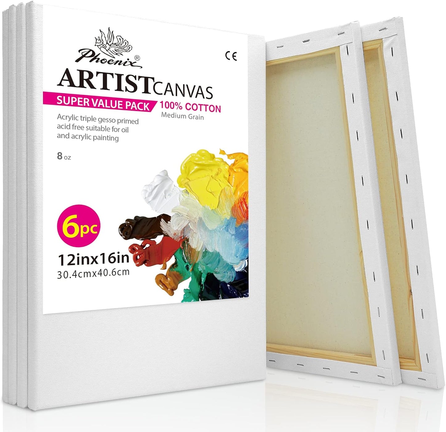 PHOENIX Stretched Canvas for Painting 12x16 Inch/6 Value Pack, 8 Oz Triple Primed 5/8 Inch Profile 100% Cotton White Blank Canvas, Artist Framed Canvas for Oil Acrylic & Pouring Art