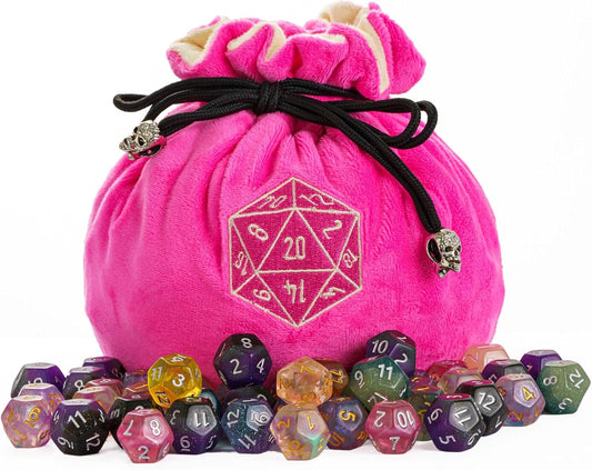 Large Dice Bags with Pockets Pink Storage Bag D20 Logo for DND RPG Game Dices (with 1lb Random DND Dice)