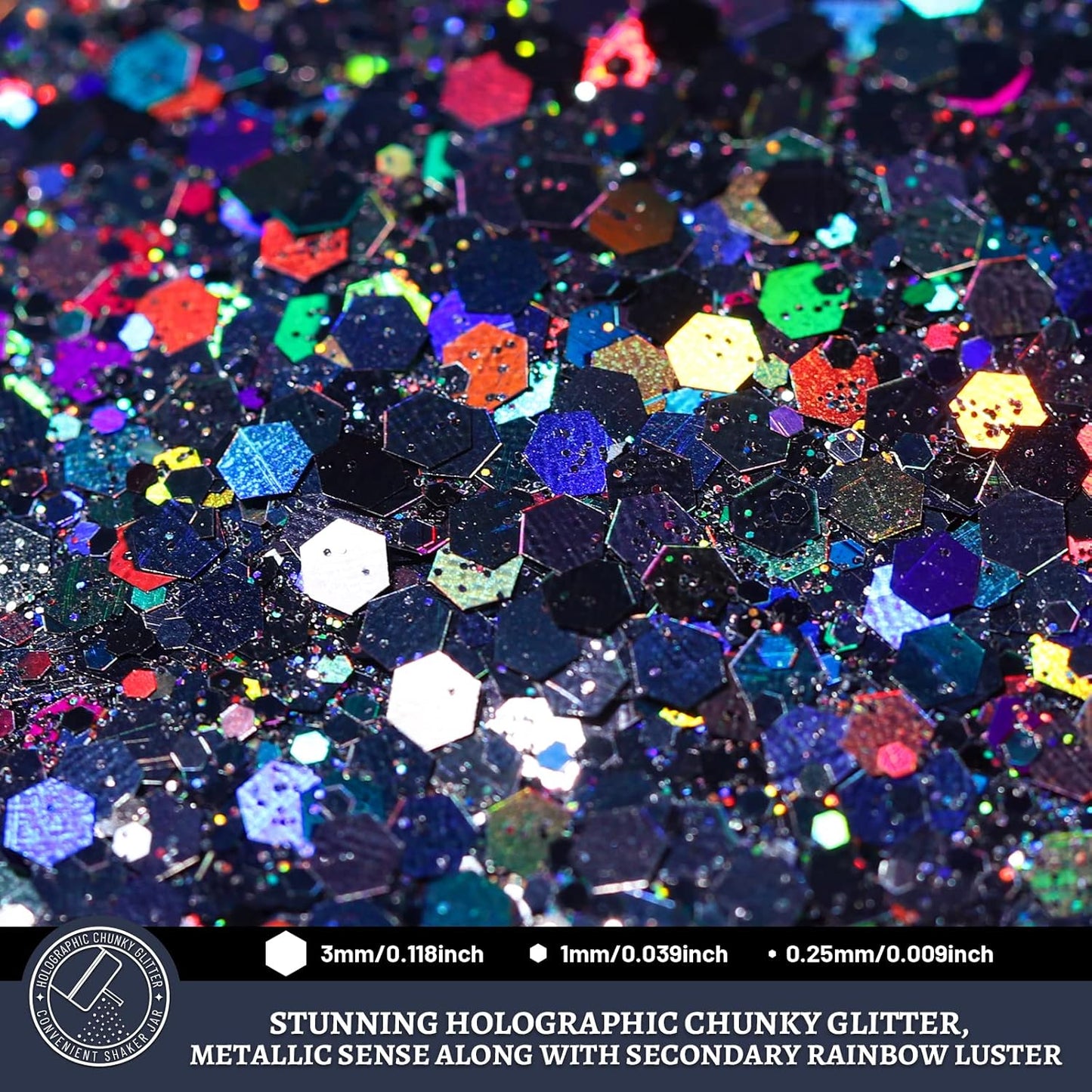 LEOBRO Black Glitter, 160g/5.64oz Holographic Chunky Glitter for Crafts, Resin, Body Nail, DIY Decorations, Holographic Black