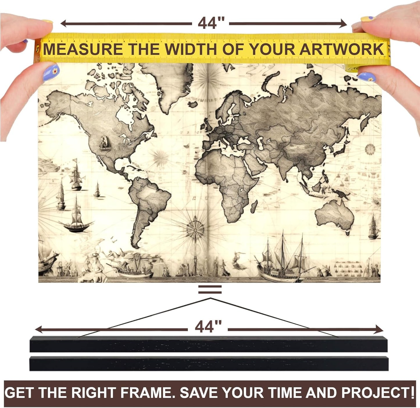 DACRI HOME 44" Magnetic Poster Hanger Frame - Sturdy Teak Wood Poster Frame 44x18 44x24 44x36, Strong Magnets for Easy Hanging Map Picture Print Scroll Wall Art (44 Inch, Black)