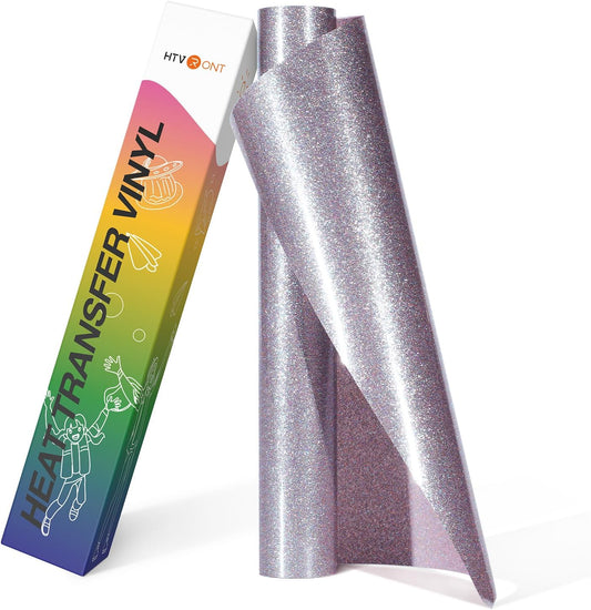 HTVRONT Silver Glitter HTV Heat Transfer Vinyl Roll - 10" x 8ft Glitter HTV Vinyl for Shirts, Glitter Iron on Vinyl for All Cutting Machine - Easy to Cut & Weed & Transfer (Rainbow Silver Glitter)