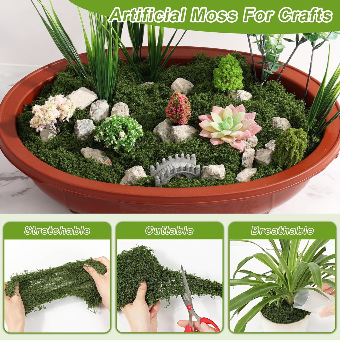 Jollidecor Fake Moss for Crafts, 14.1 OZ Artificial Moss for Plants Indoor Decorative Light Green and Dark Green Faux Moss DIY Fairy Garden Decor for Potted Plant