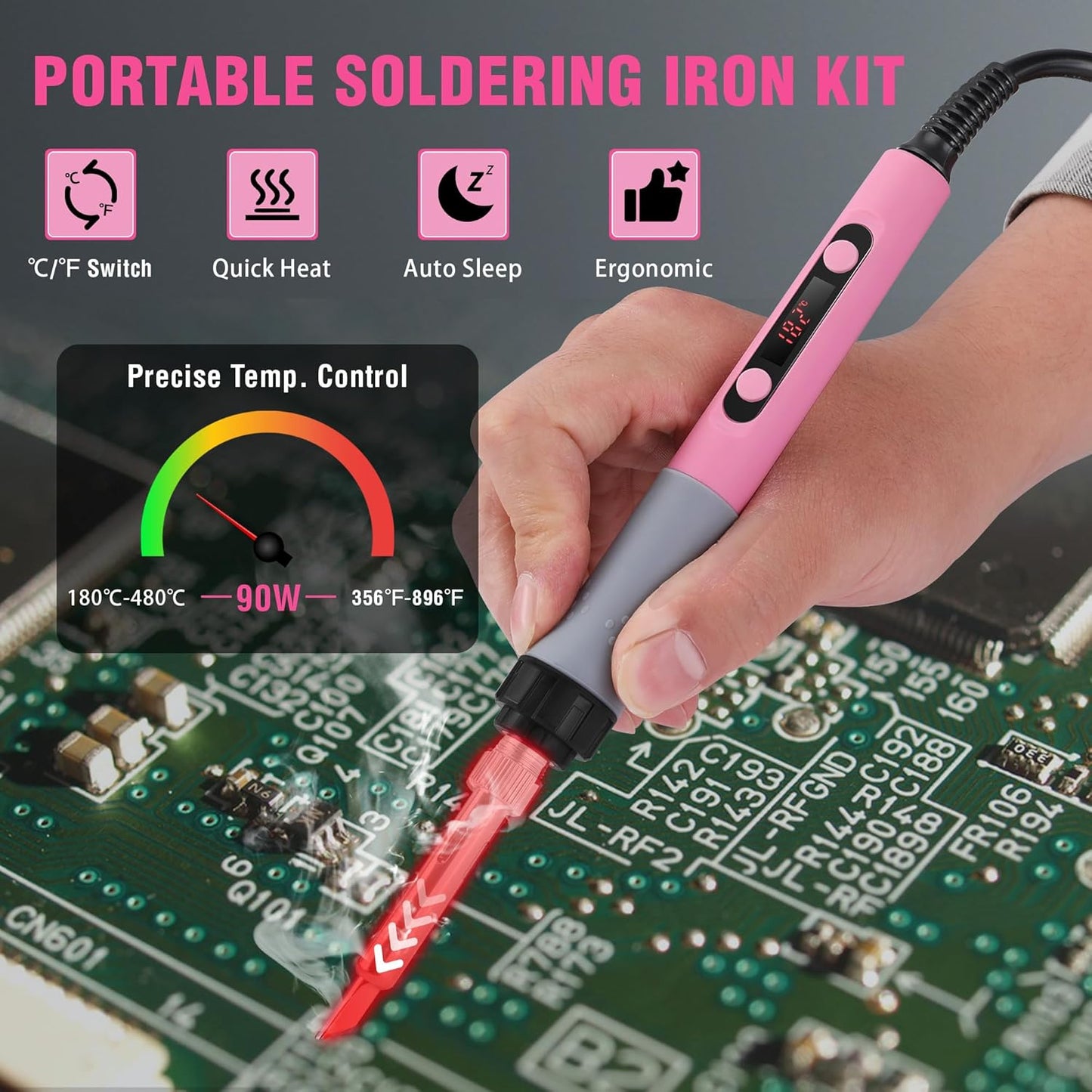 WORKPRO Soldering Iron Kit, 90W Soldering Gun with Digital Display, Iron Tips, 11-in-1 Adjustable Temperature Welding Kit for Electronic Repair, DIY Enthusiasts(110V US Plug,Pink)