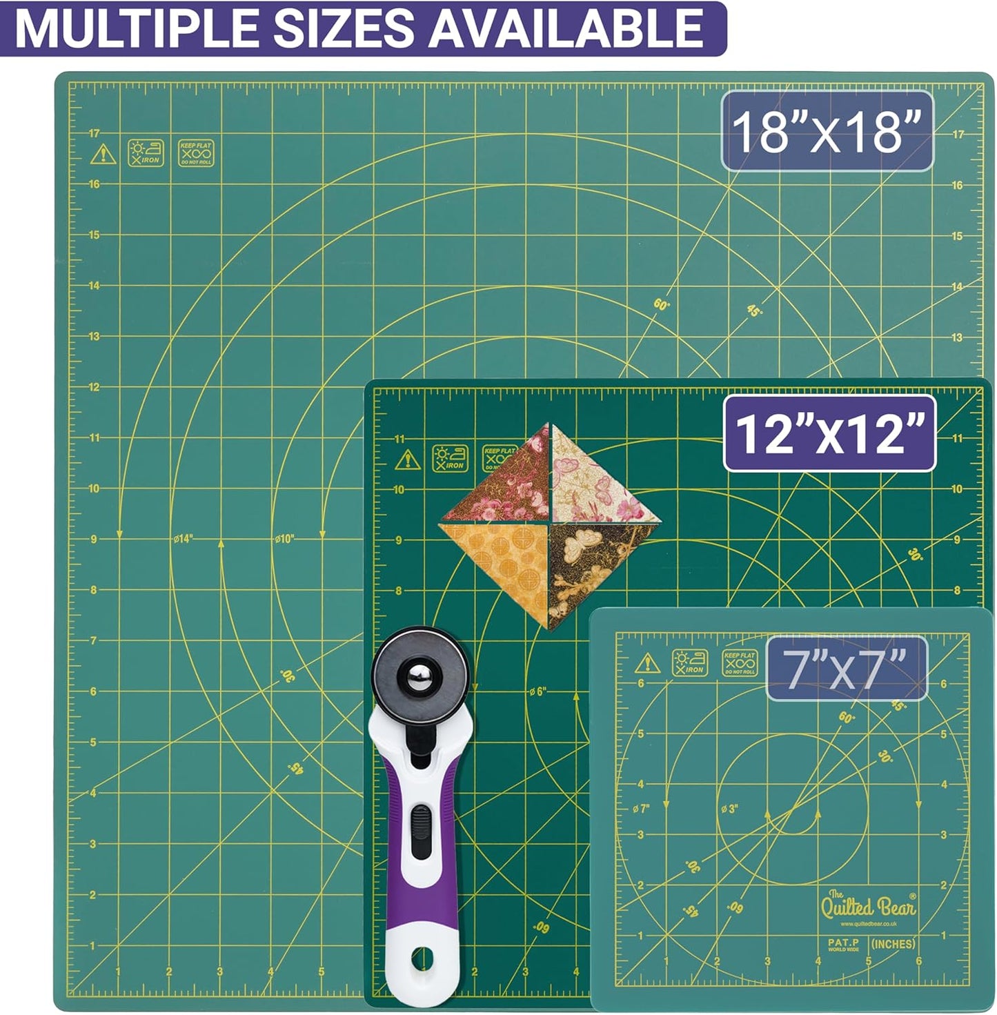The Quilted Bear Rotating Cutting Mat 12" x 12" - Locking & Rotating Self Healing Cutting Board for Sewing, Fabric & Effortless Quilting - 360 Degree Sewing Supplies Mat for Craft Table (Green)