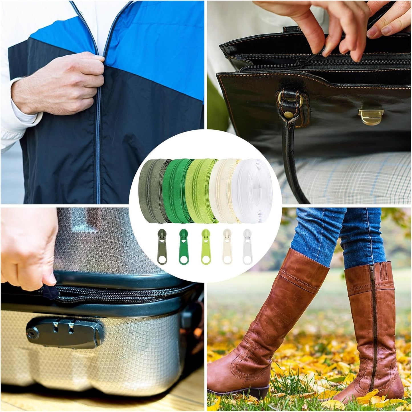 DOITEM 15.3 Yards/ 14 m 5 Pieces Assorted Colors #3 Nylon Coil Zippers, Sewing Zippers Endless Zips with 20 Pieces Zipper Sliders Zip Heads for DIY Sewing Tailor Craft Supplies (Green White)