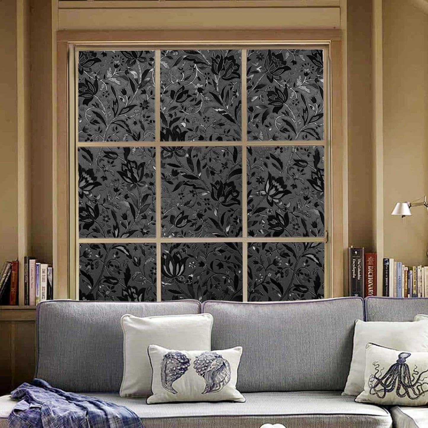 LEMON CLOUD Total Blackout Window Film Privacy Static Cling Frosted Black Window Covering 100% Opaque Film Tint Darkening Removable Film for High Privacy，(Blackout Tulip Design,35.4 x78.7 inches)