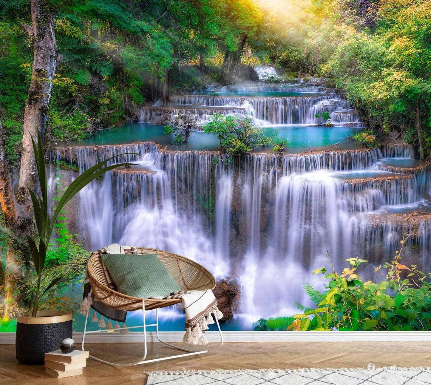 AFZEVEB-Green Waterfall Nature Landscape Wallpaper Wall murals for Kids Room 159"x107"(Not Peel and Stick)