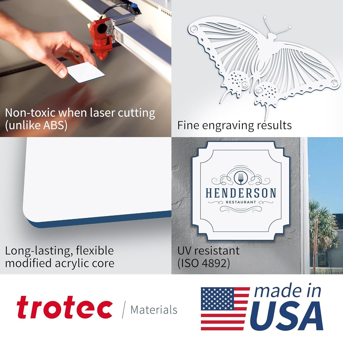 Trotec TroLase | 12"x20"x1/16", 4 Pcs | White/Blue | 2 Ply | Modified Acrylic | Laser Engraving Double Color Plastic Sheet | Engraving Blanks for Laser, Saw, Guillotine | Made in USA