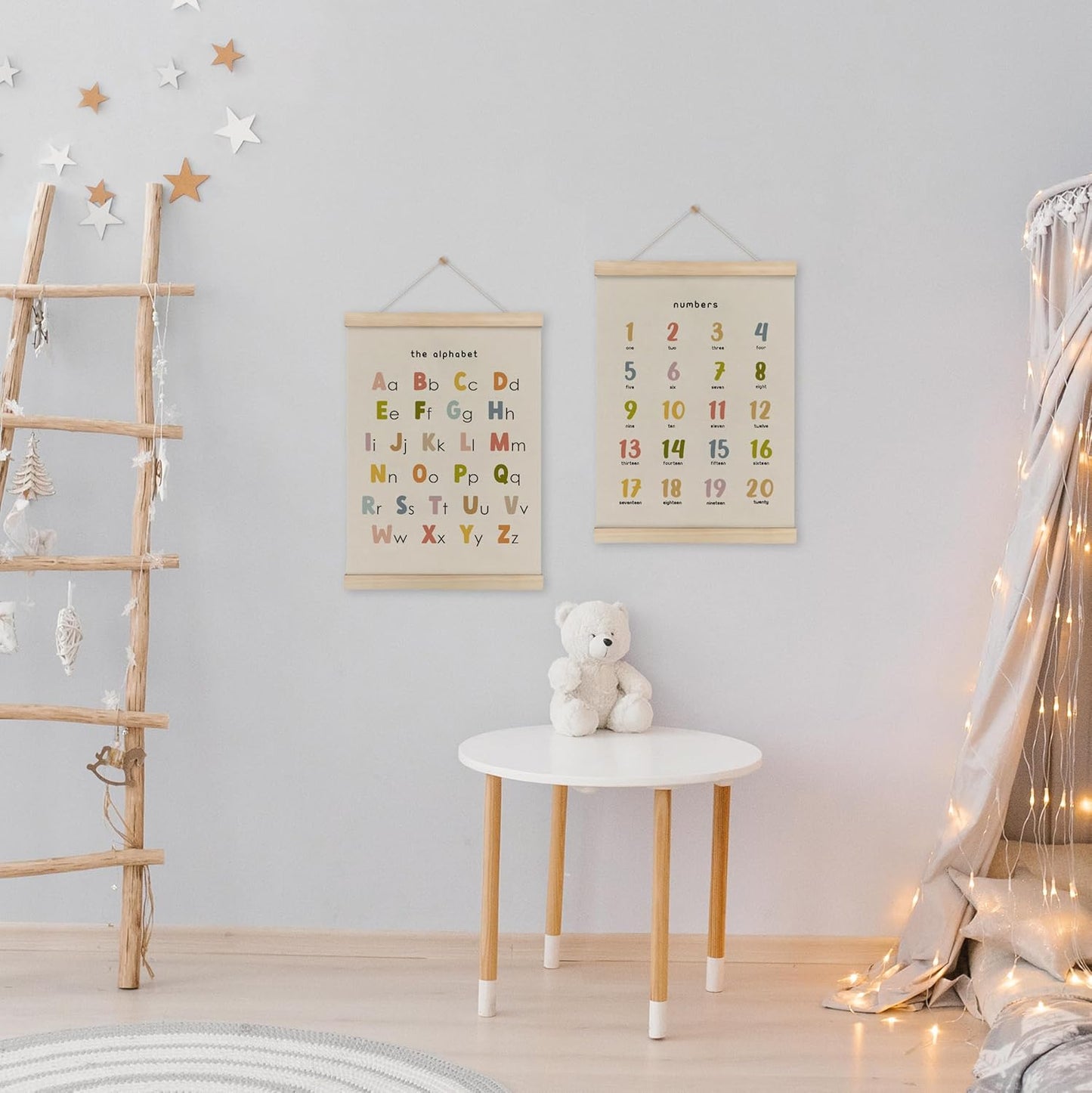 HRQKO Alphabet Numbers Poster Hanger Frame Set of 2, Nursery Wall Decor, Boho ABC Poster Wall Art with Wooden Frames, Cute Alphabet Banner Wall Hanging Decor for Toddlers Room Playroom, 12x16 Inch