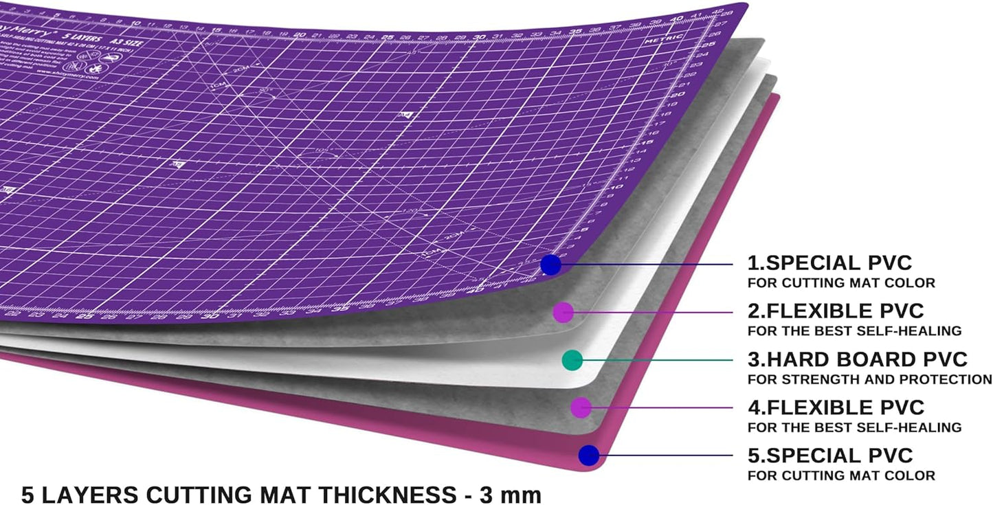 Self Healing Cutting Mat A3 12"x18" – Double Sided 5-Ply Craft Mat for Sewing, Quilting, Fabric, Scrapbooking – Pink/Purple