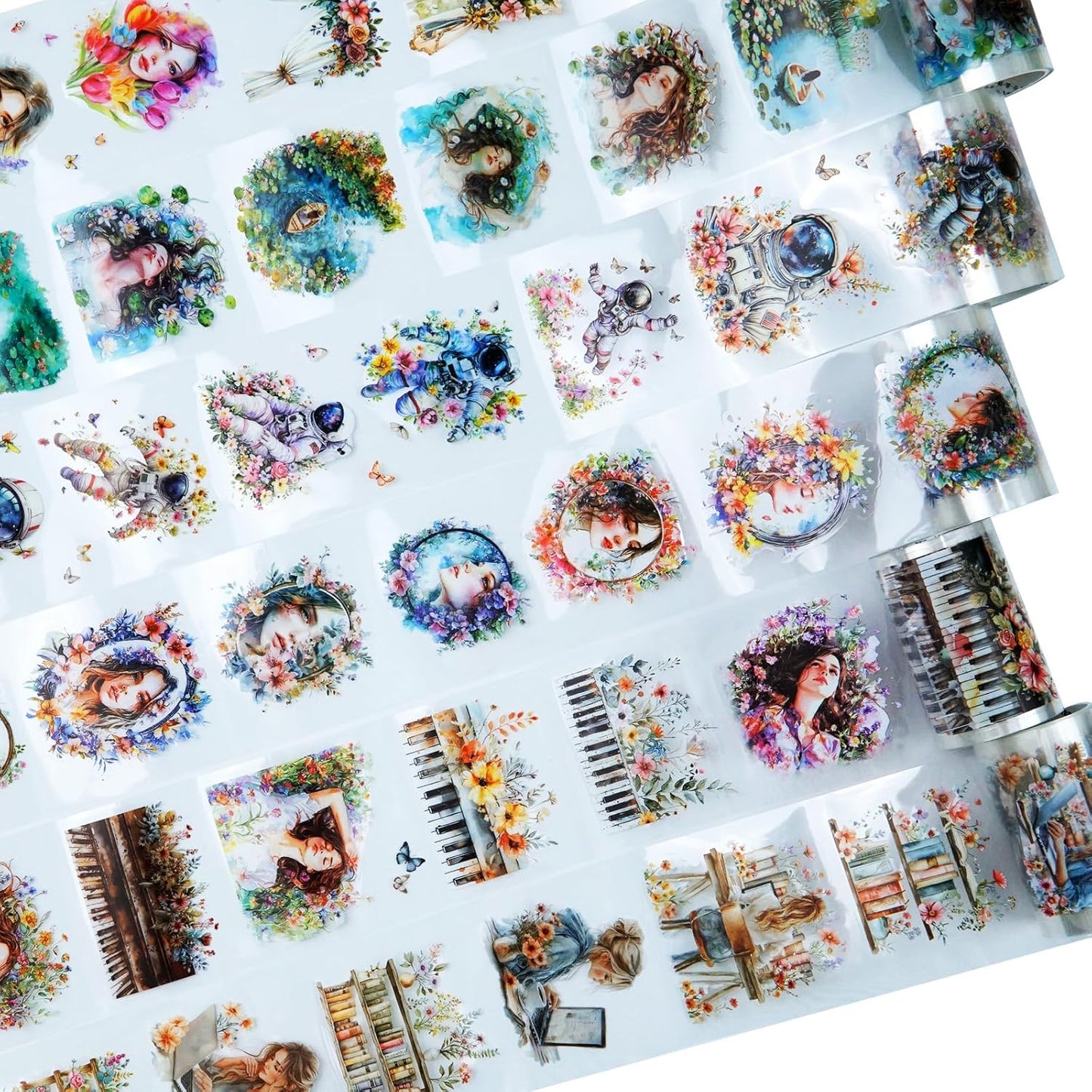 Dreamy Floral PET Tape Set with Clip, 6 Rolls Pre-Cut Vintage Tape for Journaling, Scrapbooking, DIY Crafts, and Planners