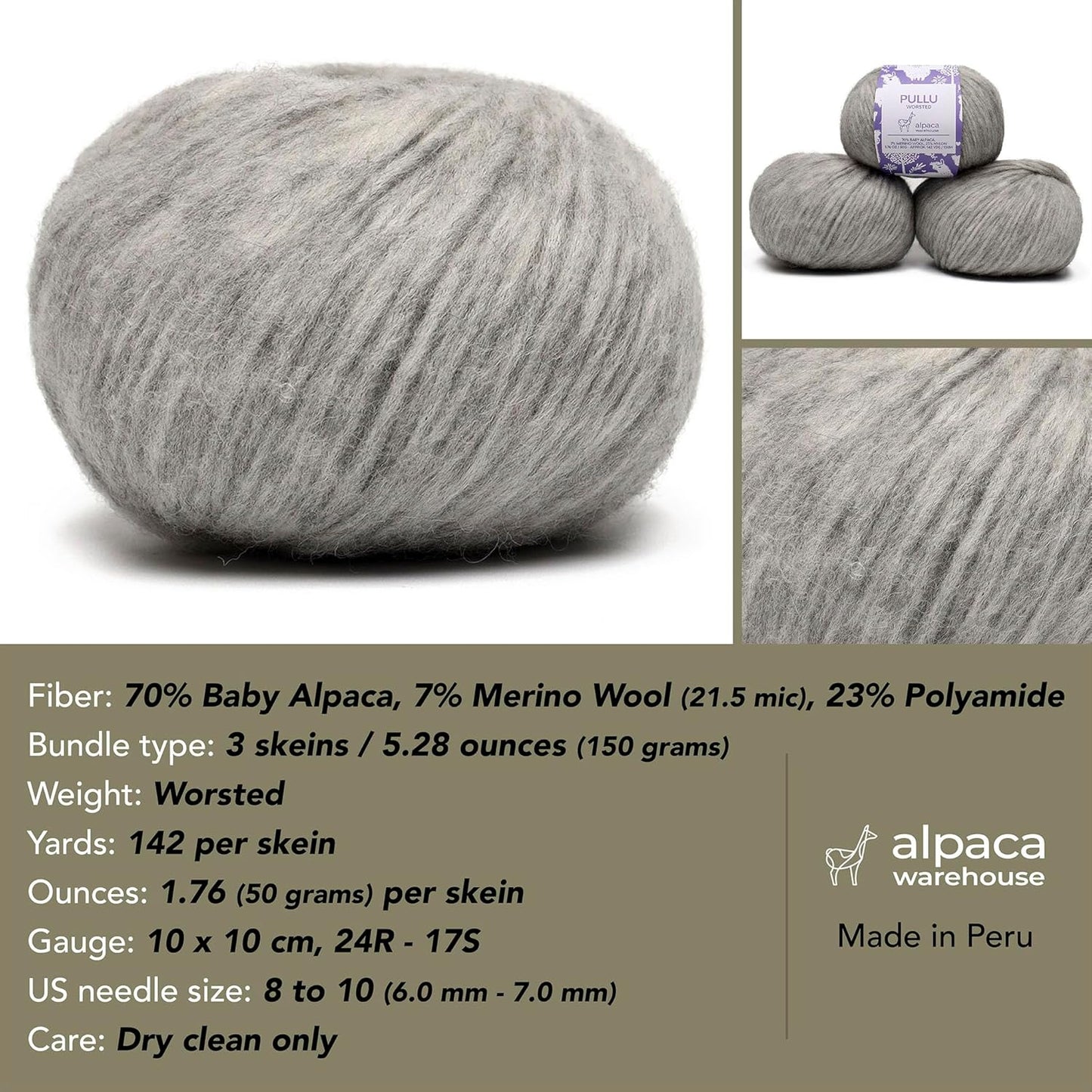 Pullu - Baby Alpaca Merino Wool Yarn Set of 3 Skeins (150 Grams) Worsted Weight - Sourced Directly from Peru - Heavenly Soft and Perfect for Knitting and Crocheting (Heather Silver Gray)