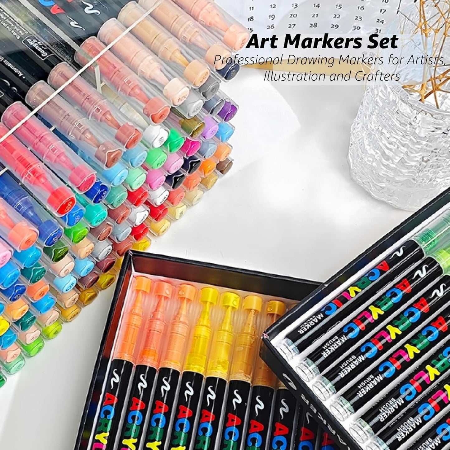 36 Colors No bleeding Non-Toxic Multi-Surface Flexible Tip Acrylic Paint Brush Markers Set, Water-Based Painting Art Pens for Canvas, Glass, Wood, Paper, Ceramic