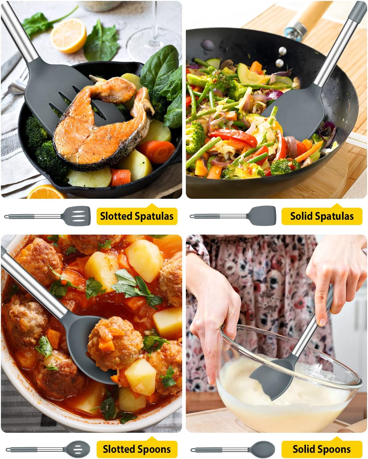 Pack of 4 Silicone Cooking Utensils Set, Non Stick Large Solid Spatulas, Heat Resistant Gray Slotted Spoons, Ideal BPA Free Kitchen Turners for Frying, Mixing,Serving,Draining,Turning,Stirring