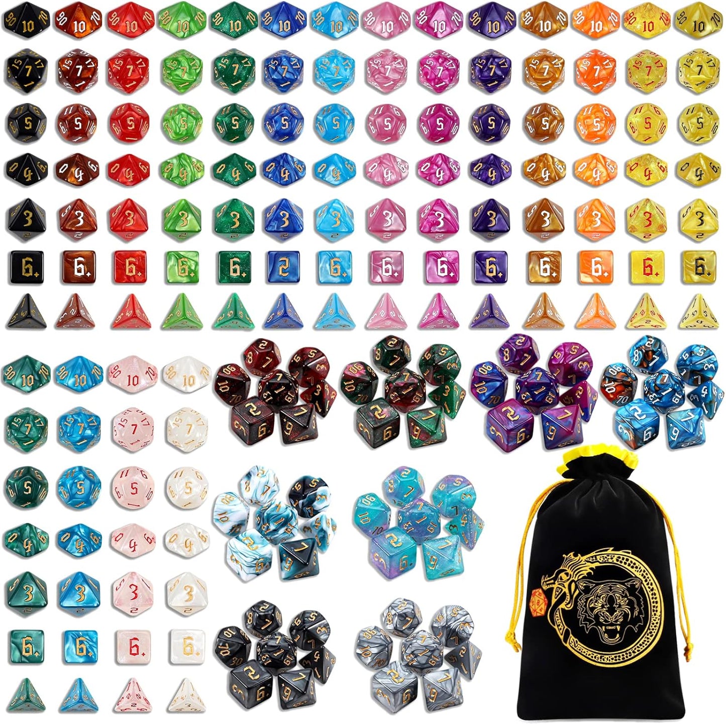 CiaraQ DND Dice Set - 26 x 7 (182pcs) Polyhedral Dice for Dungeons and Dragons D&D RPG MTG Role Playing Table Games, with a Large Flannel Bag