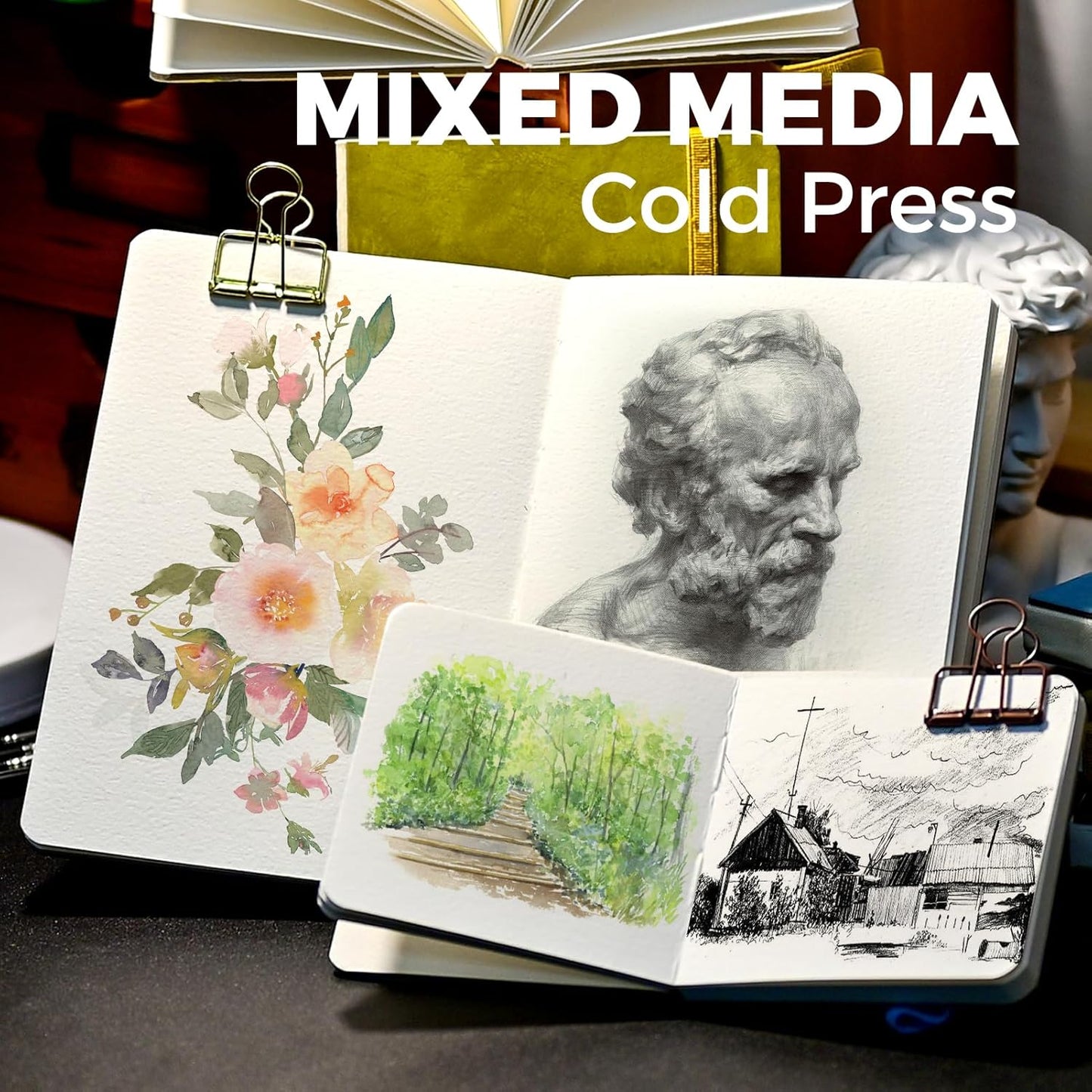 Funto Watercolor Journal 2-Pack, 3.9x3.9, 44 Pages Each,Cold-Pressed 100% Cotton,PU Leather Blue Hard Cover, Art Supplies for Mixed Media