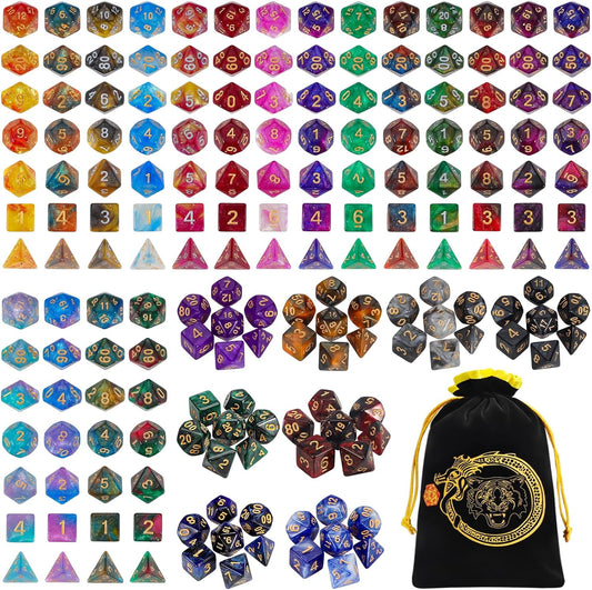 CiaraQ DND Dice Sets - 26 X 7 Polyhedral Dice (182pcs) with a Large Drawstring Bag for Dungeons and Dragons, Role Playing Table Game. Multiple Colors, Glitter Swirl Design with Gold Numbers.