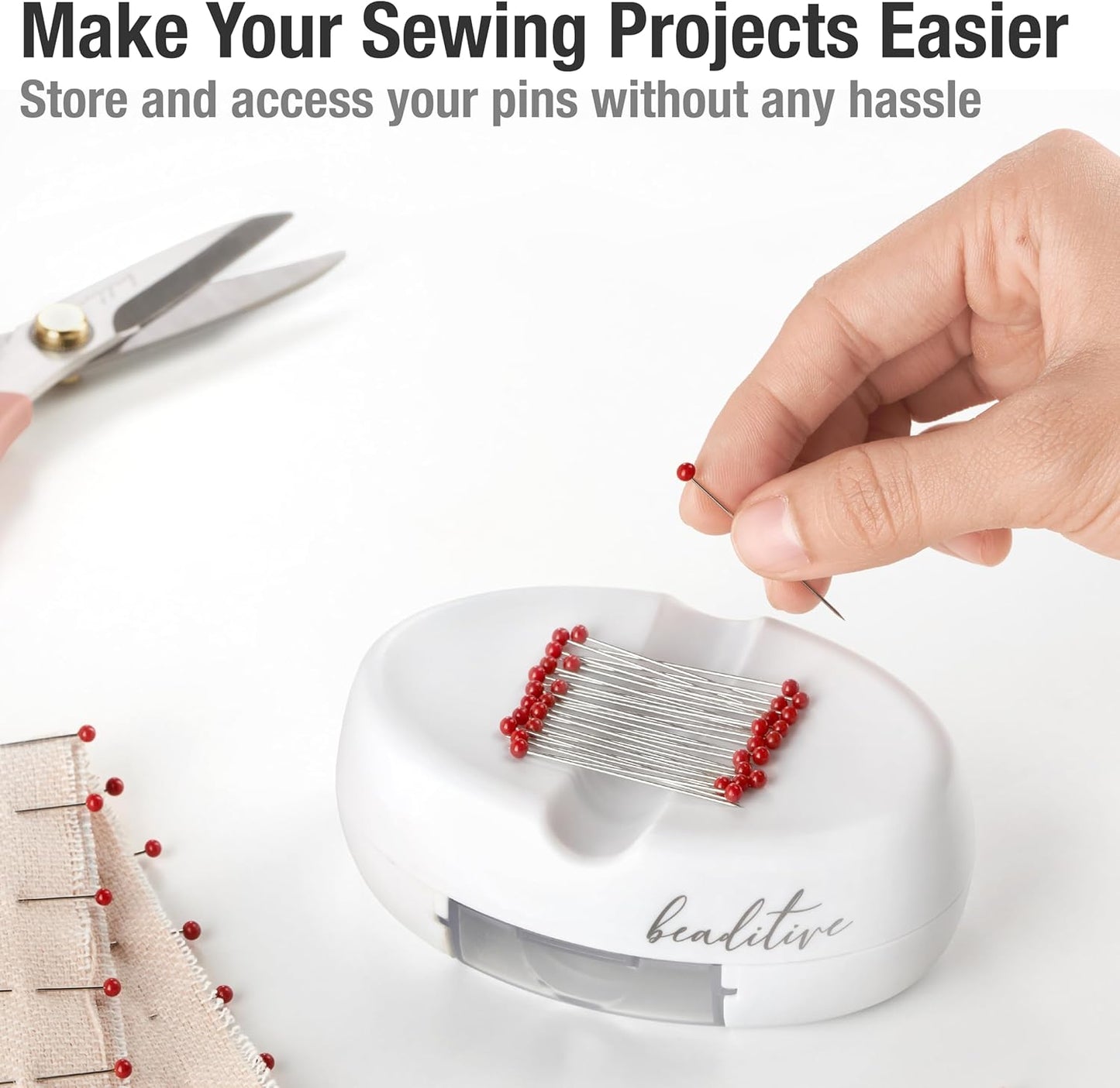 Beaditive Magnetic Pin Cushion with Drawer - Strong Magnet Pin Holder Cushions for Sewing - 50 Glass Head Quilting Pins Included - Chic Pincushion Caddy for Sewing Pins, Paper Clips, Screws – White