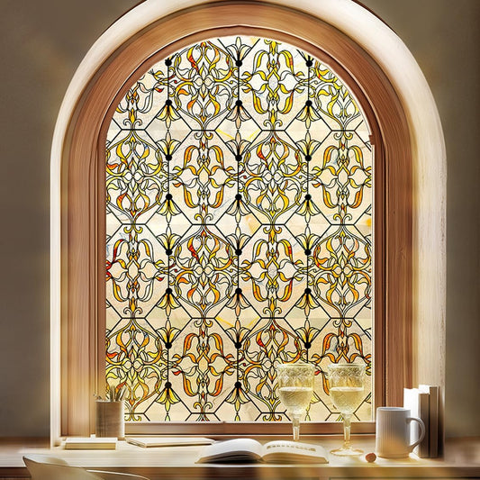 3D Stained Glass Window Privacy Film, Heat Control UV Blocking Static Cling Decorative Window Film for Bathroom,Front Door,Home Non Adhesive 16.9 x 78.7 inches Golden Filigree