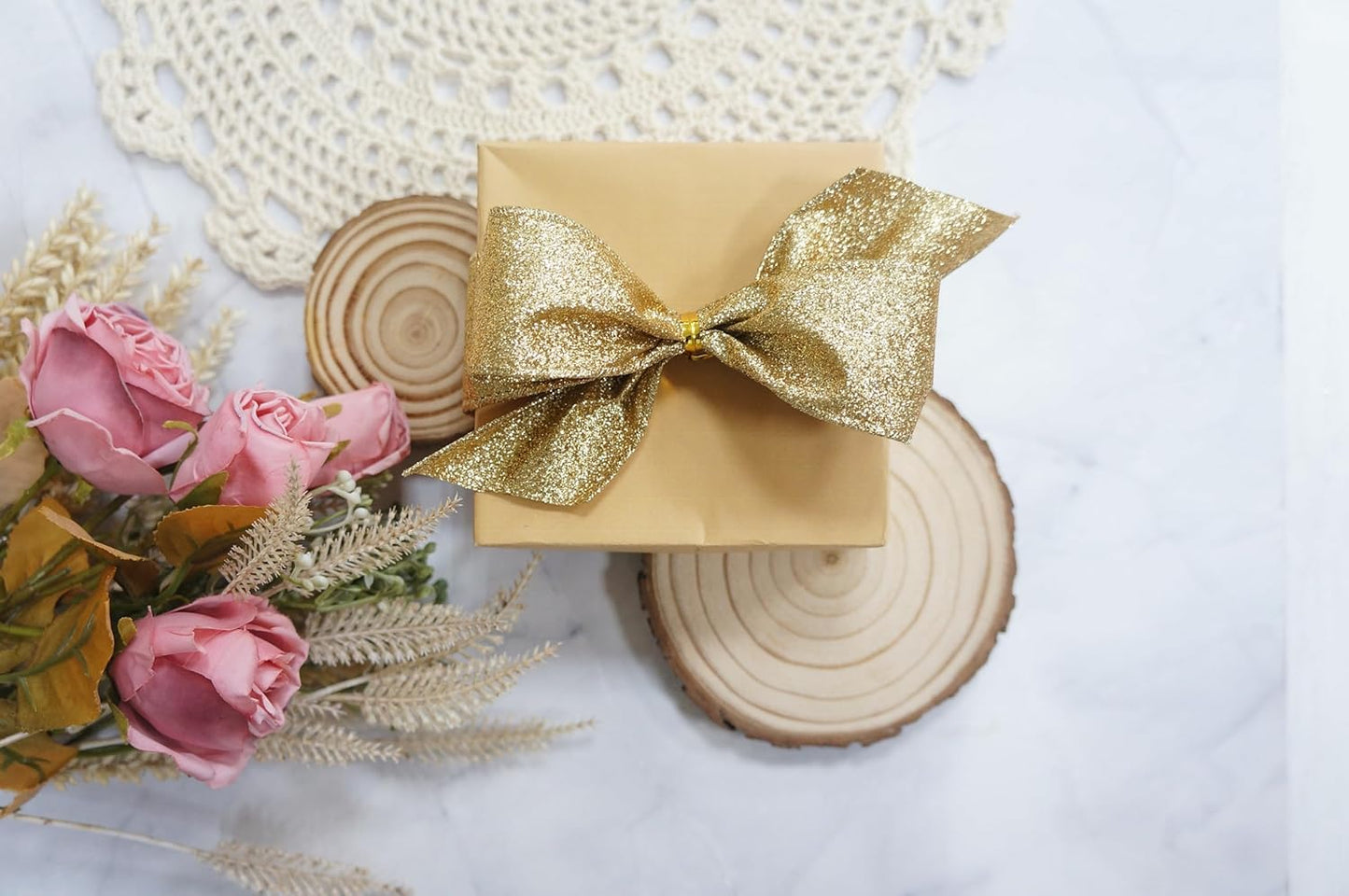 CT CRAFT LLC Glitter Wired Ribbon 1.5" x 10 Yards Light Gold for Christmas Home Decor Bow Gift Wrapping DIY Crafts Wreath