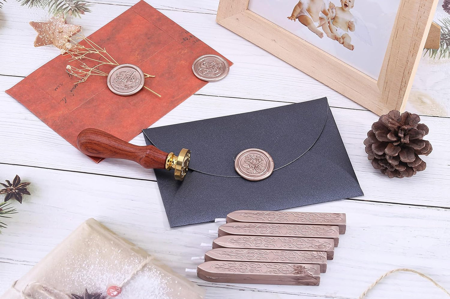 Yoption 5 Pieces Sealing Wax Sticks, Antique Champagne Gold Totem Fire Manuscript Wax Seal Sticks with Wicks for Wax Seal Stamp (Champagne Gold)