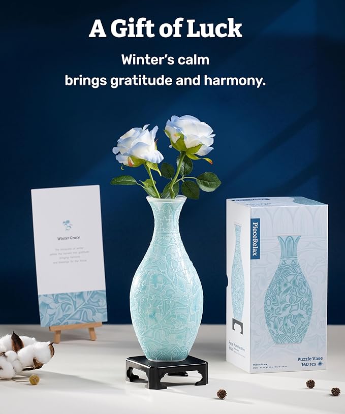 PieceRelax Unique Flower Vase - 3D Puzzle Vase for Adults to Flower Arrangement and Home Decoration Made by 160 Curved Plastic Puzzle Pieces - Winter Grace [S1043]