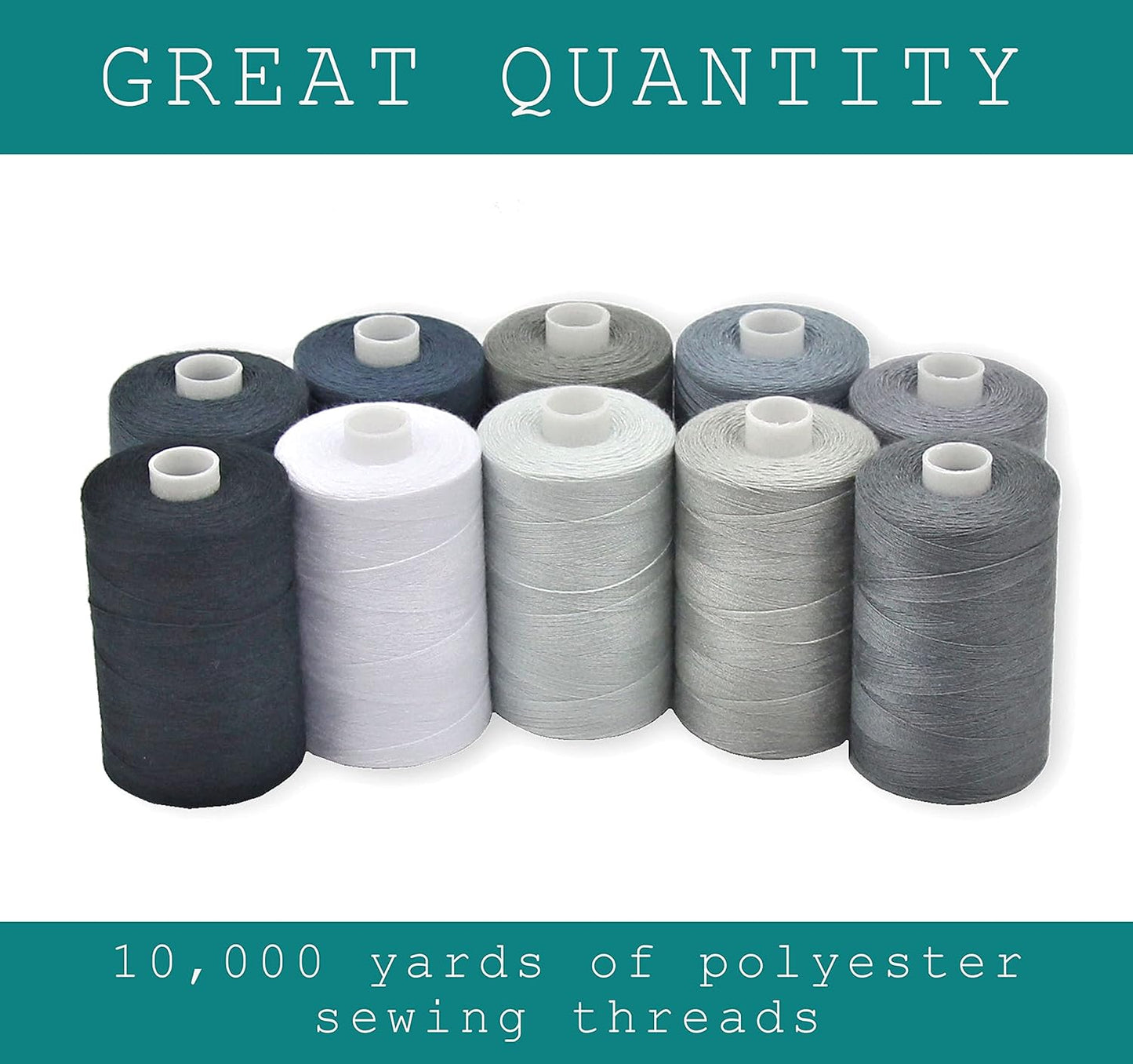 BlesSew Gray Sewing Threads - 10 Large Spools of Polyester Thread for Hand, Quilting & Sewing Machine - Grey Shades Plus Black & White - 1000 Yards Per Spool