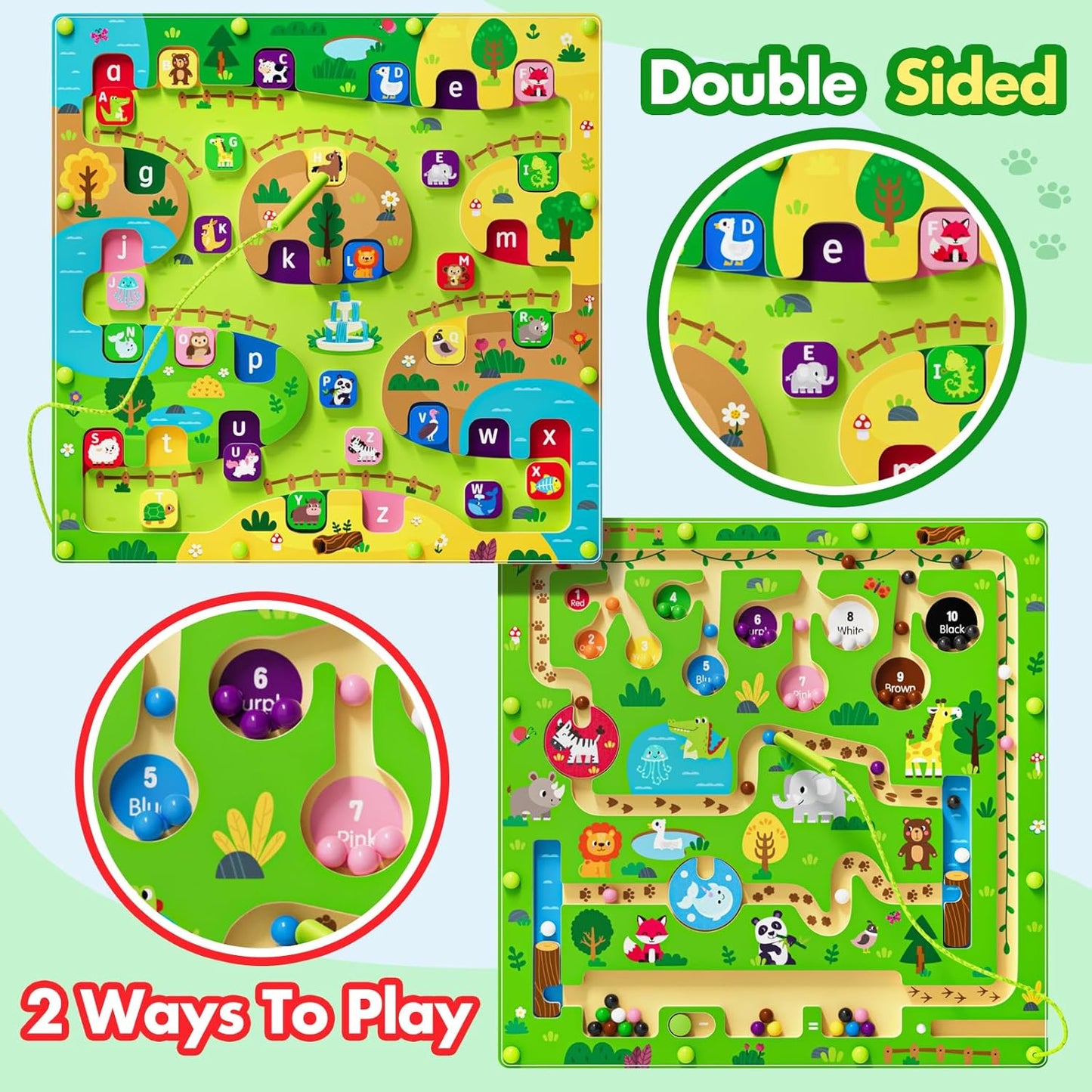 2 in 1 Magnetic Color and Number Maze Magnet Alphabet Counting Double Sided Board Wood Puzzle Fine Motor Skills Montessori Preschool Toys Gifts for Boys and Girls 3-5 Age (Big Zoo, One Size)