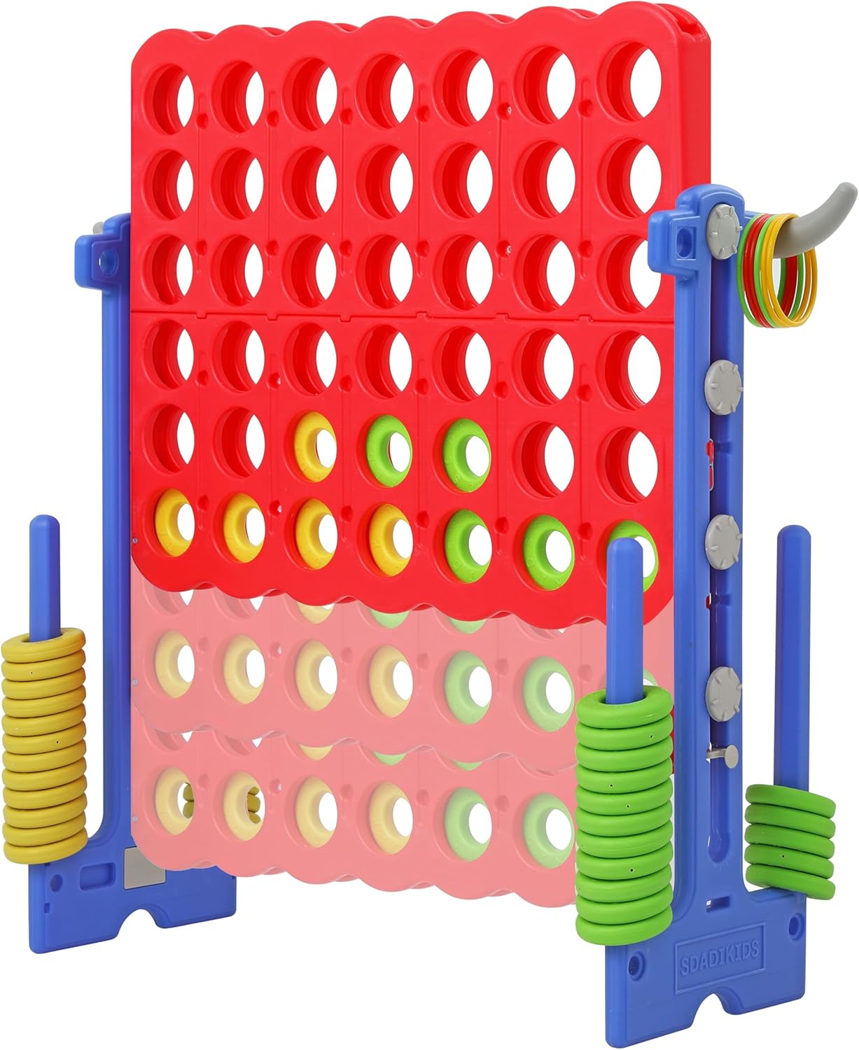 SDADI Height Adjustable Giant 4 in a Row Connect Game, 2-in-1 Jumbo 4-to-Score Game with Ring Toss Game Set, Indoor Outdoor Yard Game Party Game for Kids Adults and Family, Blue