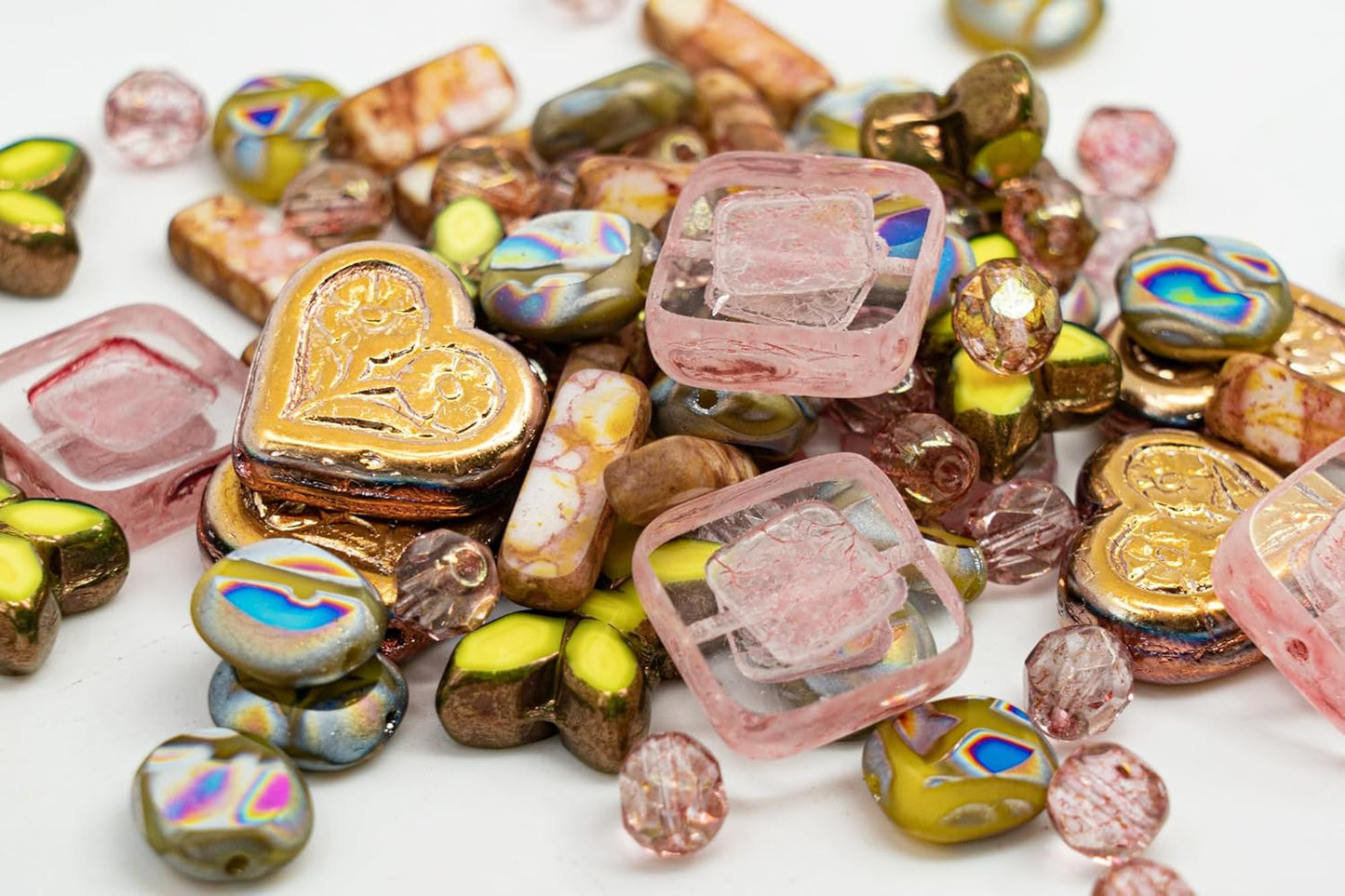 2.1oz (60g) of Focal Glass Bead Mix with Table-Cut Flower and Butterfly Beads, PG Pale Green Pink