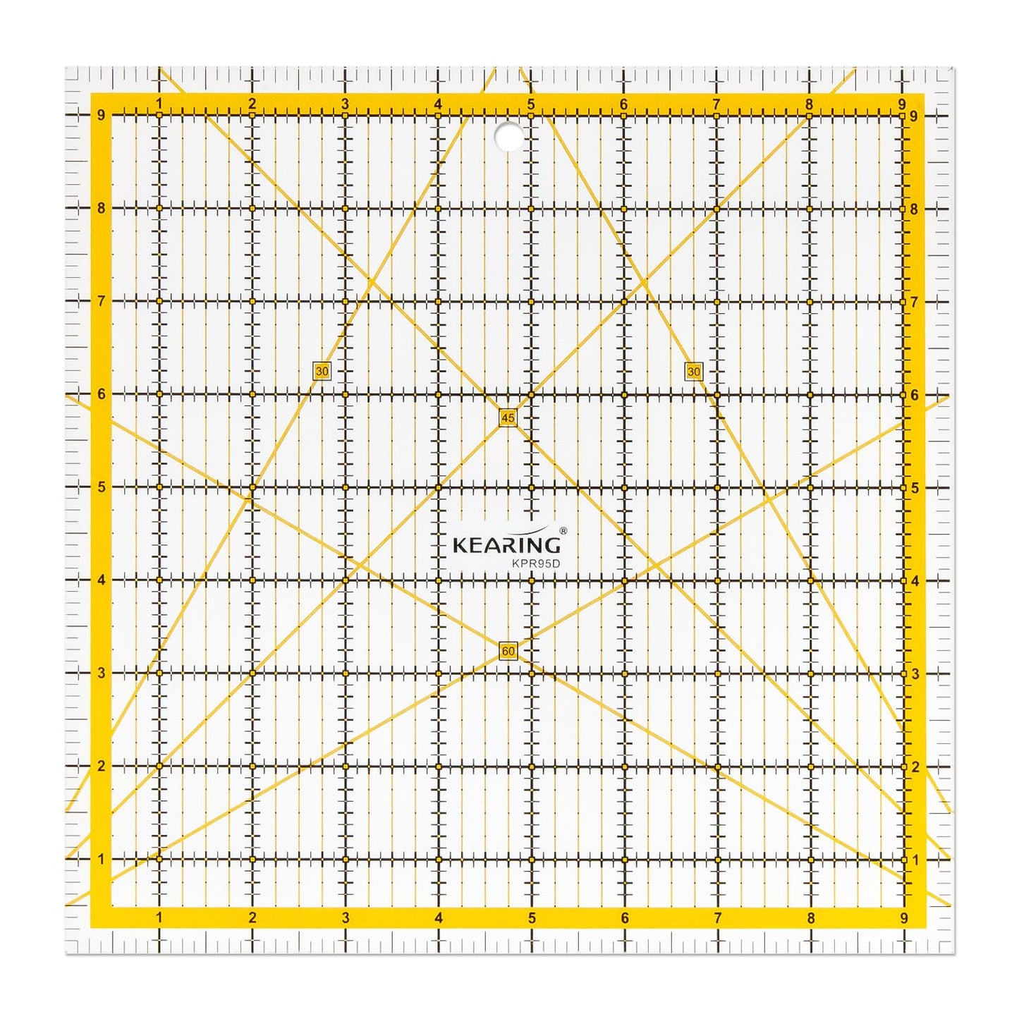 KERING Square Quilting Ruler - 9.5x9.5 inch Anti-Slip Acrylic Ruler for Patchwork Piecing, Bias Strips & Rotary Cutting, Professional Quilter's Tool with Dual-Angle Guide