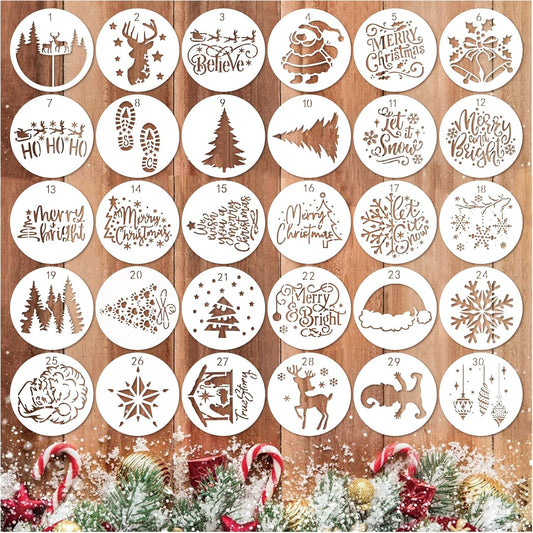 30pcs Small Christmas Stencils for Painting on Wood Reusable Drawing Merry Christmas Stencil 3 Inch Stencils for Ornament DIY Crafts Xmas Balls Home Décor(30 Christmass Round)
