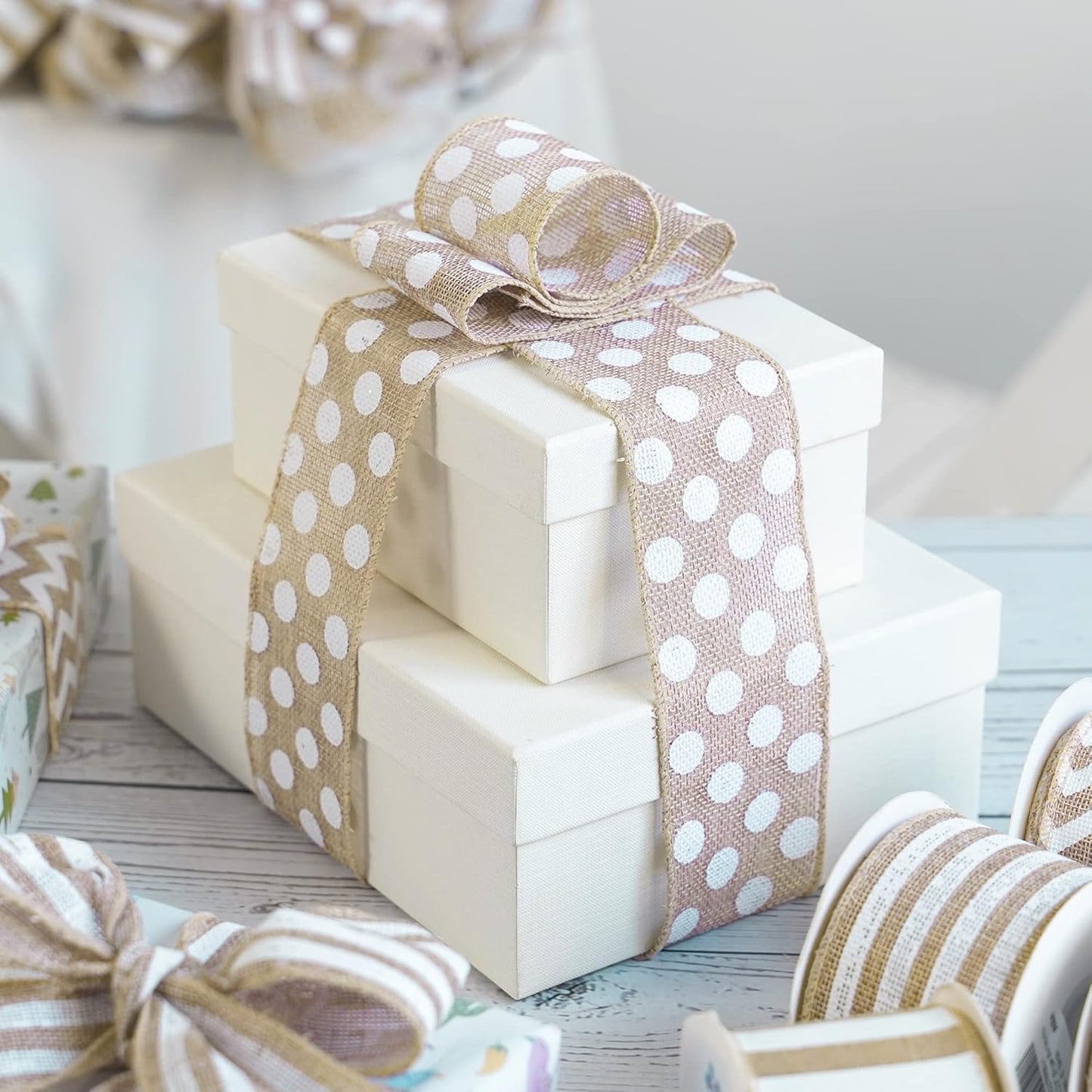 MEEDEE Burlap Ribbon with White Polka Dots - 2.5 Inch Natural Linen Wire Edge Craft Ribbon for Baby Shower, Beach, Farmhouse Gift Basket, 10 Yards