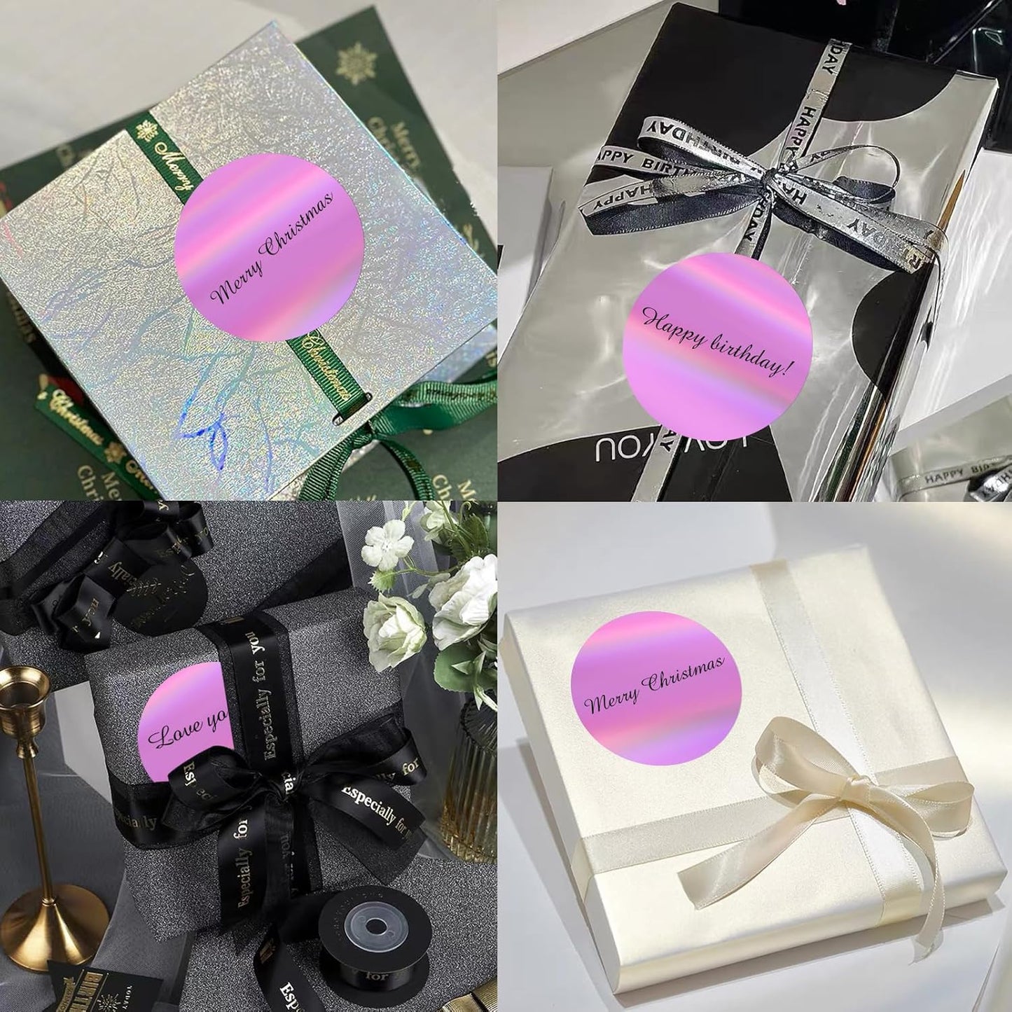 3" Holographic Direct Thermal Label Stickers, Round Printable Rainbow Glitter Thermal Printer Sticker Labels for Gift Wrapping, Self-Adhesive DIY Custom Logo Design- Holographic Pink