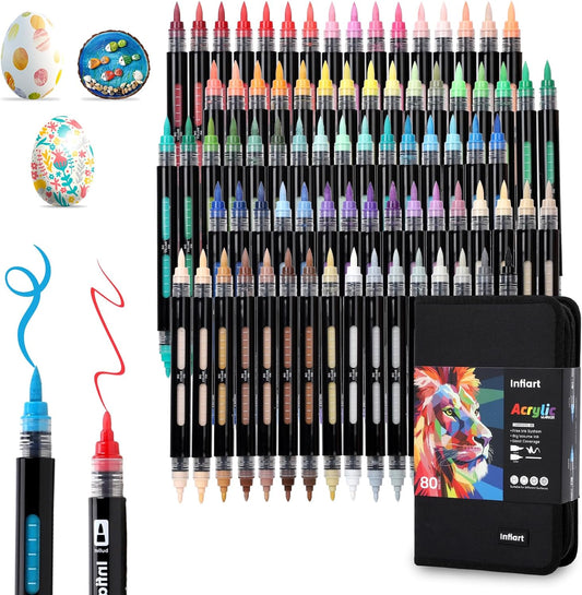 80 Colors Dual Tip Acrylic Paint Markers Automatic Ink Control Acrylic Paint Pens, Fine & Brush Tip Acrylic Markers Set for Rock Painting, Stone, Wood, Canvas, DIY & Art Supplies